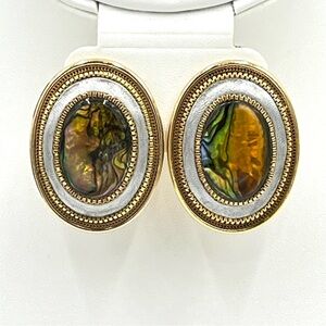 Vintage Gold Tone Abalone Oval Clip On Earrings